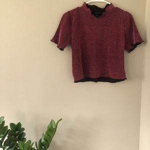 Metallic ribbed knit mock neck crop top